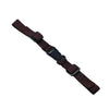 A maroon adjustable backpack chest strap with black plastic buckles.