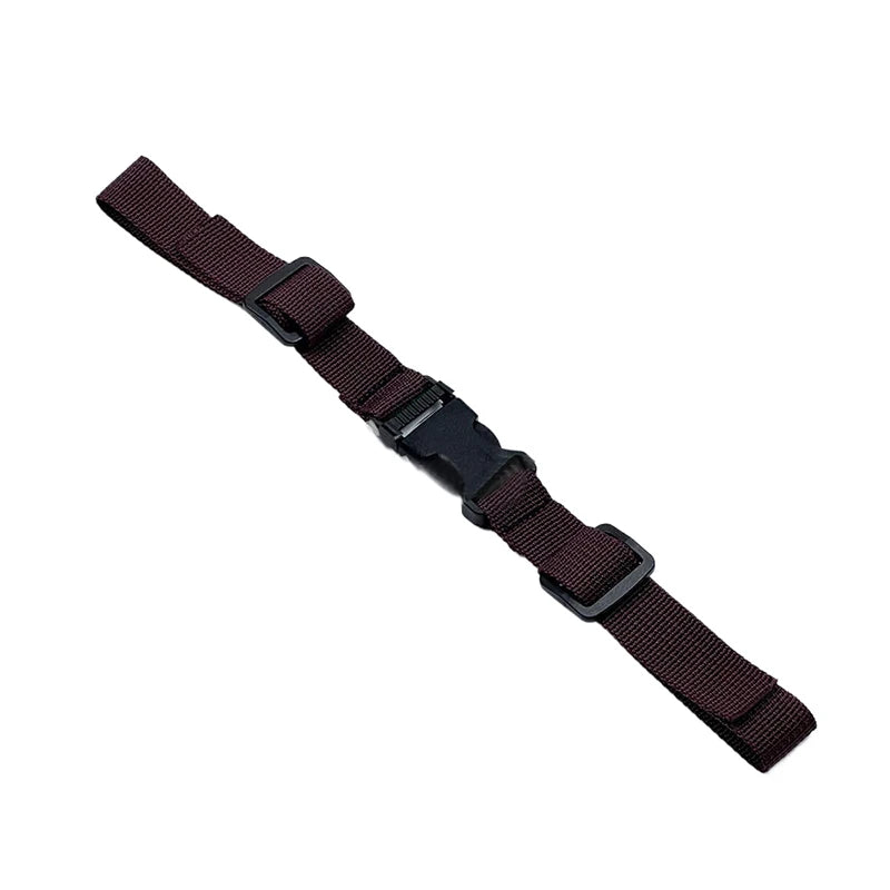A maroon adjustable backpack chest strap with black plastic buckles.