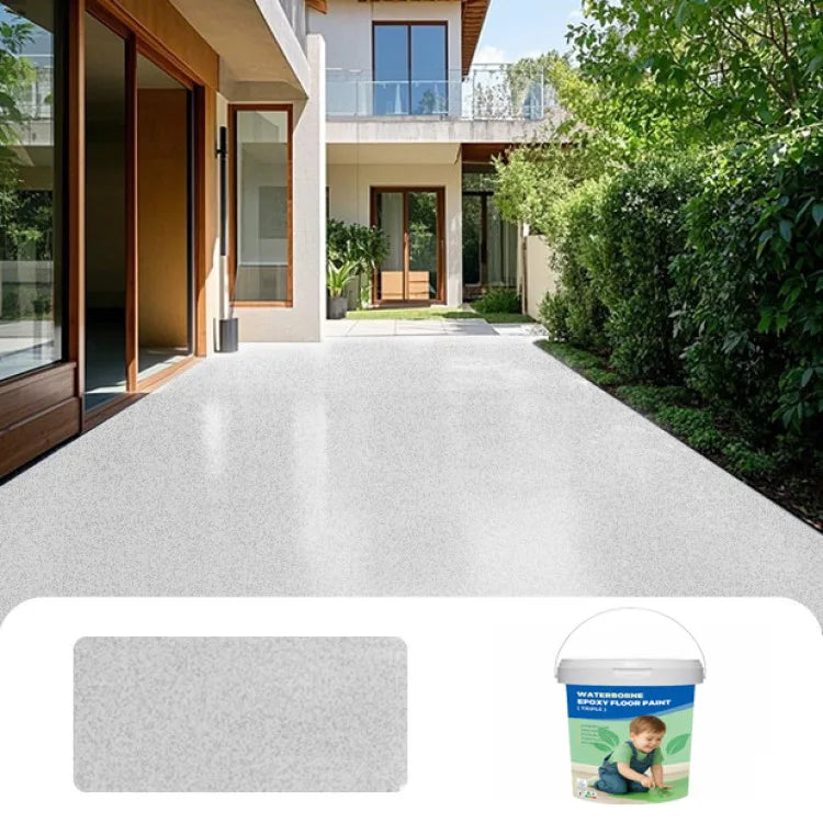 A gray marble-look epoxy floor coating is shown in a modern outdoor setting.