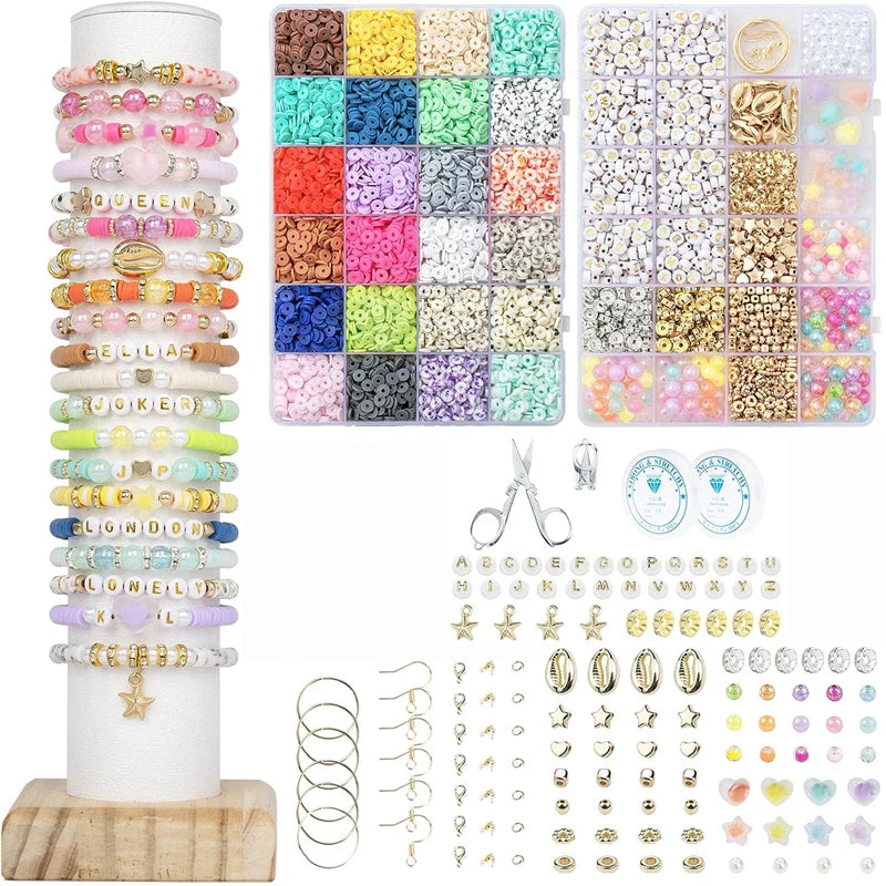 A collection of colorful polymer clay beads, letters, and charms for DIY jewelry making.