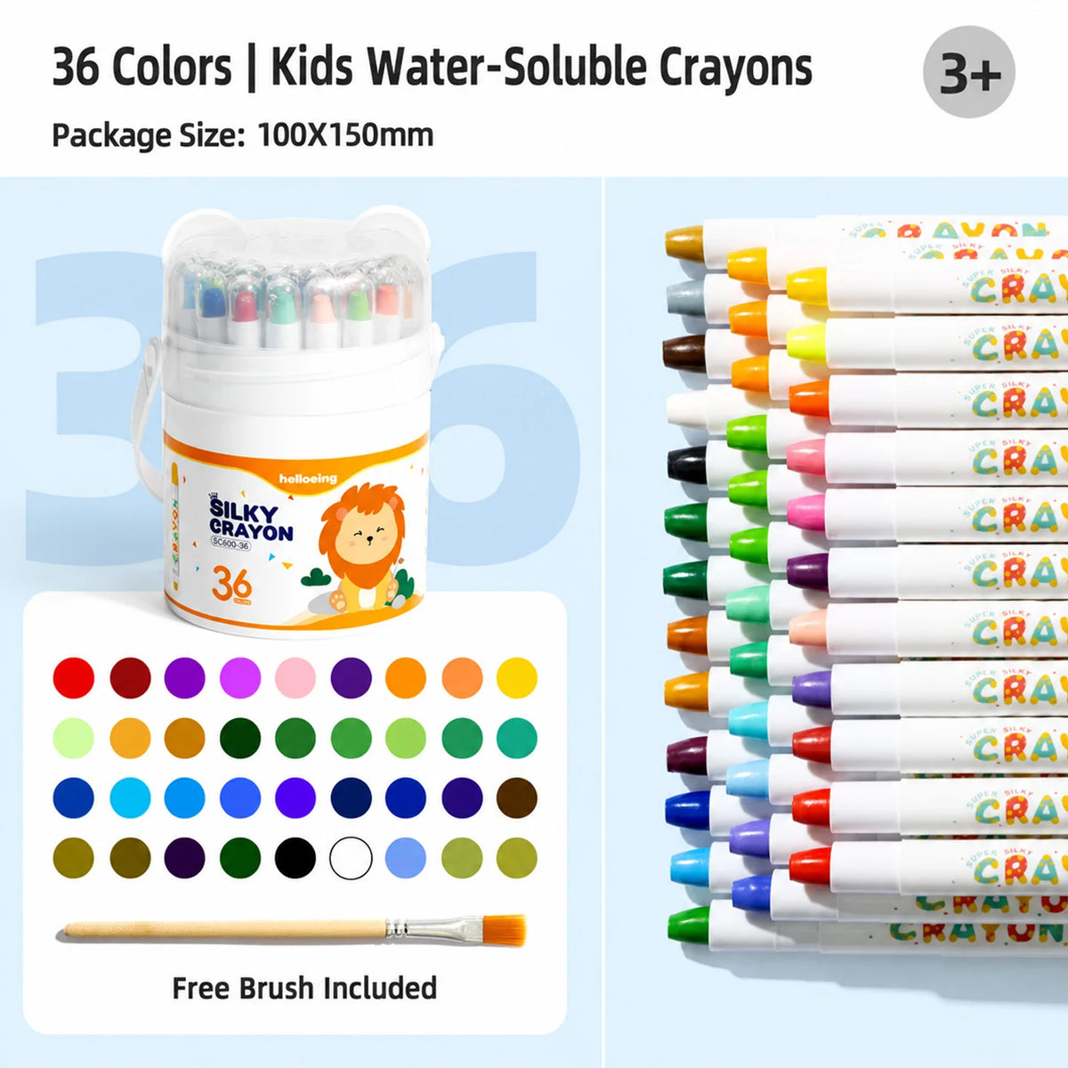 A set of 36 colorful water-soluble crayons in a clear twist-up container with a free brush included.