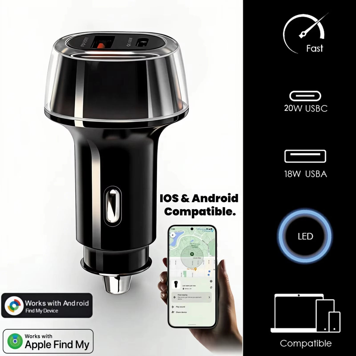 30W Type-C Car Charger with GPS Tracker