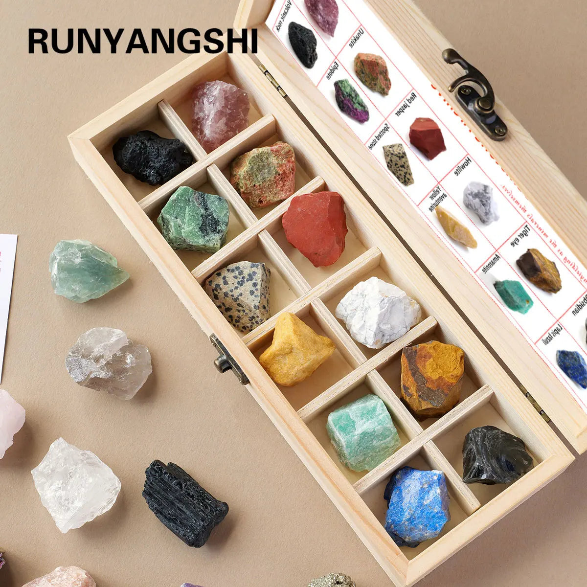 A wooden gift box filled with twelve natural amethyst crystal stones of various colors and shapes.