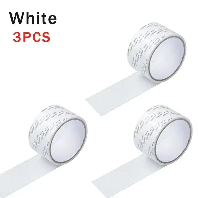 Three rolls of white self-adhesive fiberglass screen repair patches shown in various angles.