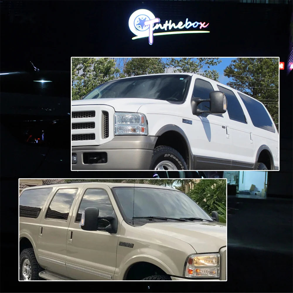 A white Ford Super Duty truck with amber LED side mirror turn signal lights installed.