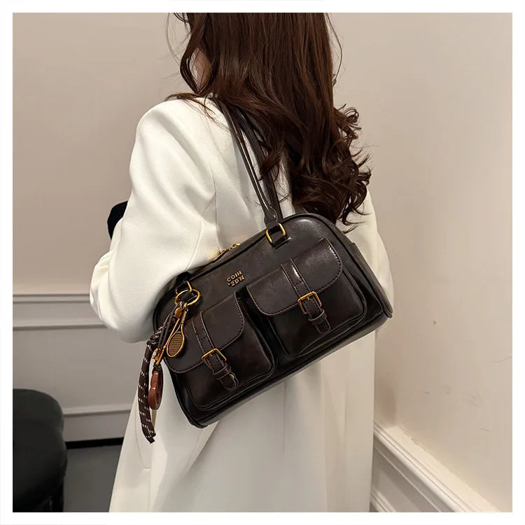 Women's Retro PU Leather Shoulder Bag with Multiple Pockets & Detachable Charm