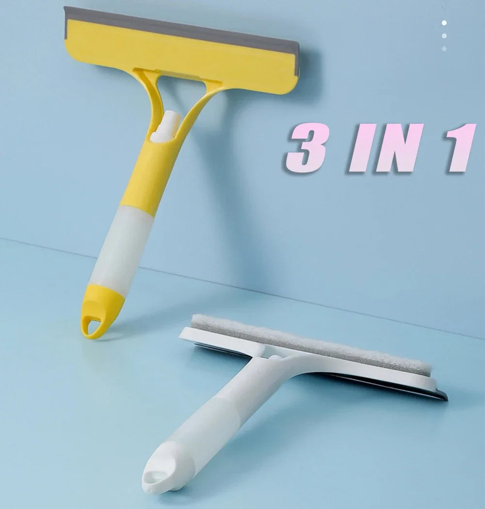 A yellow and white 3-in-1 multi-function window cleaning tool set is shown with a detached cleaning pad.
