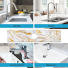 Various views of a marble faucet drying mat used as a waterproof and quick-dry kitchen sink counter protector.