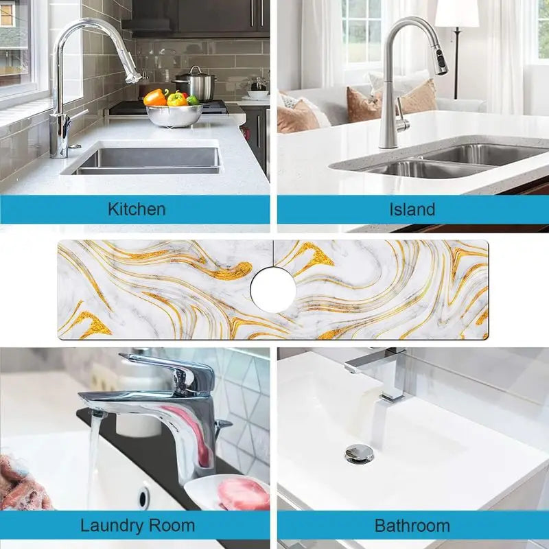 Various views of a marble faucet drying mat used as a waterproof and quick-dry kitchen sink counter protector.