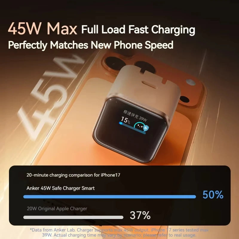 Gros plan d'un chargeur Nano intelligent de 45W rechargant rapidement un appareil de la série iPhone 17.