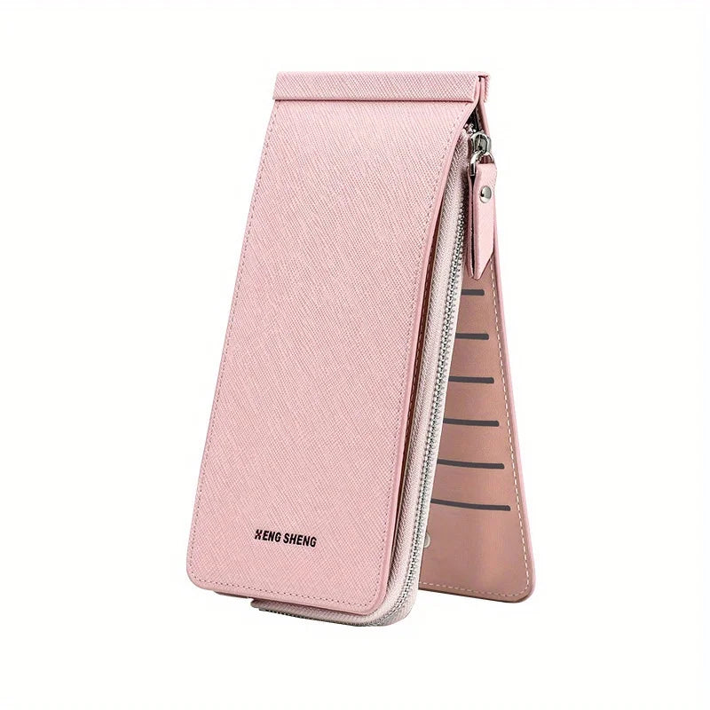 Pinkes schlankes Kunstleder-Multi-Card-Wallet mit Reißverschluss und vertikaler Nähteinlage
