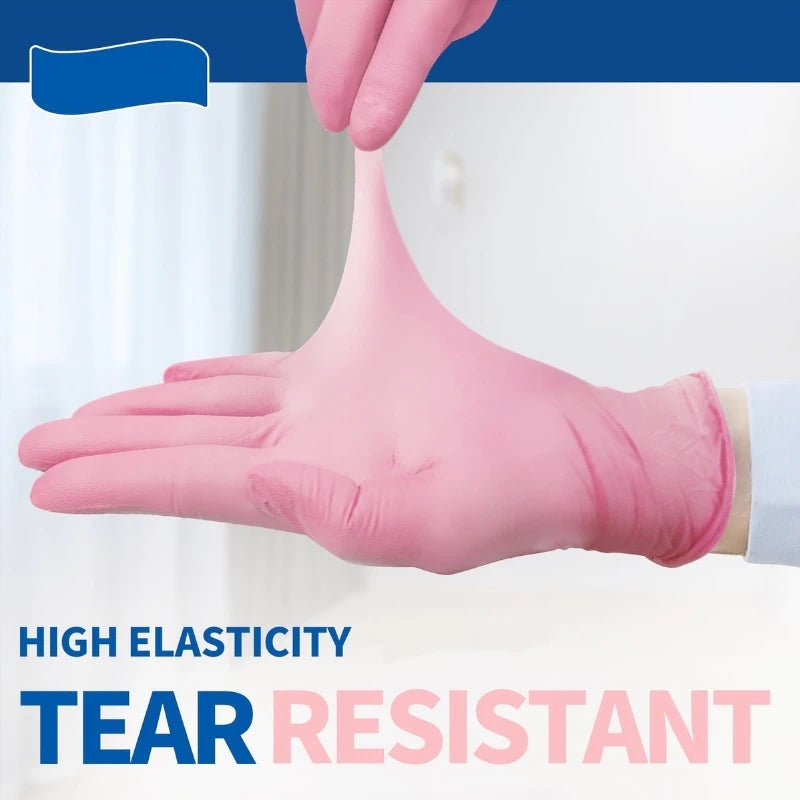 A hand wearing a pink disposable glove is shown, demonstrating high elasticity and tear resistance.