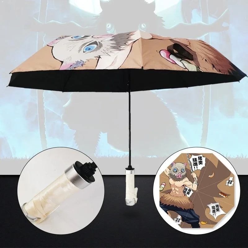 A folding umbrella featuring a Demon Slayer character design, likely Kokushibo, is shown open against a light background.