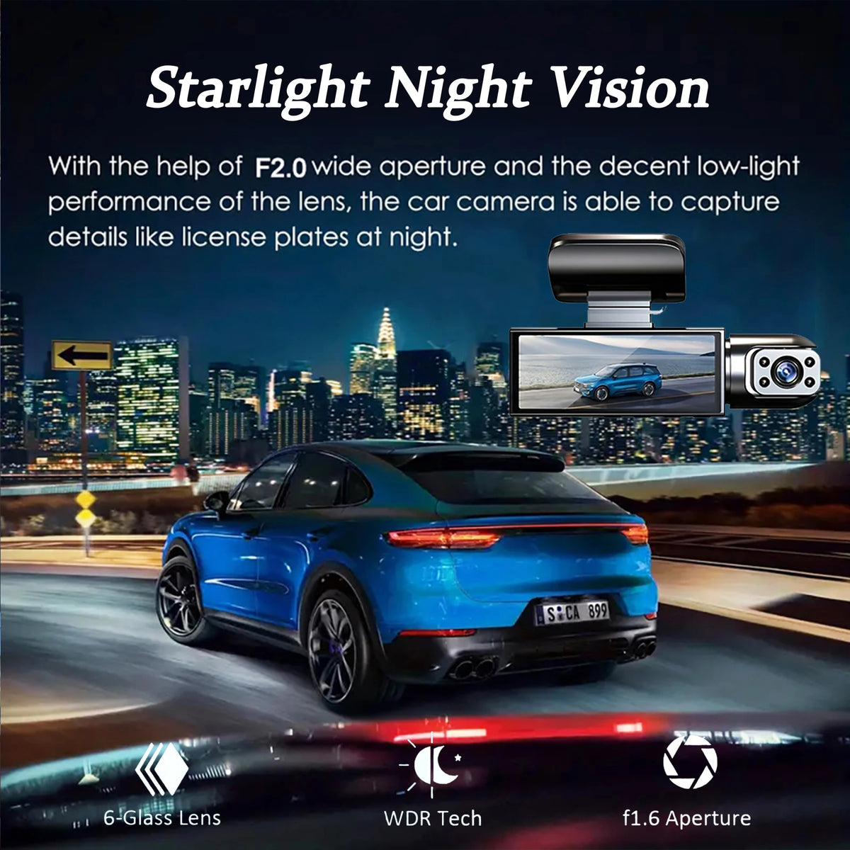 A blue car is driving on a road at night, with a camera mounted on the car capturing details.