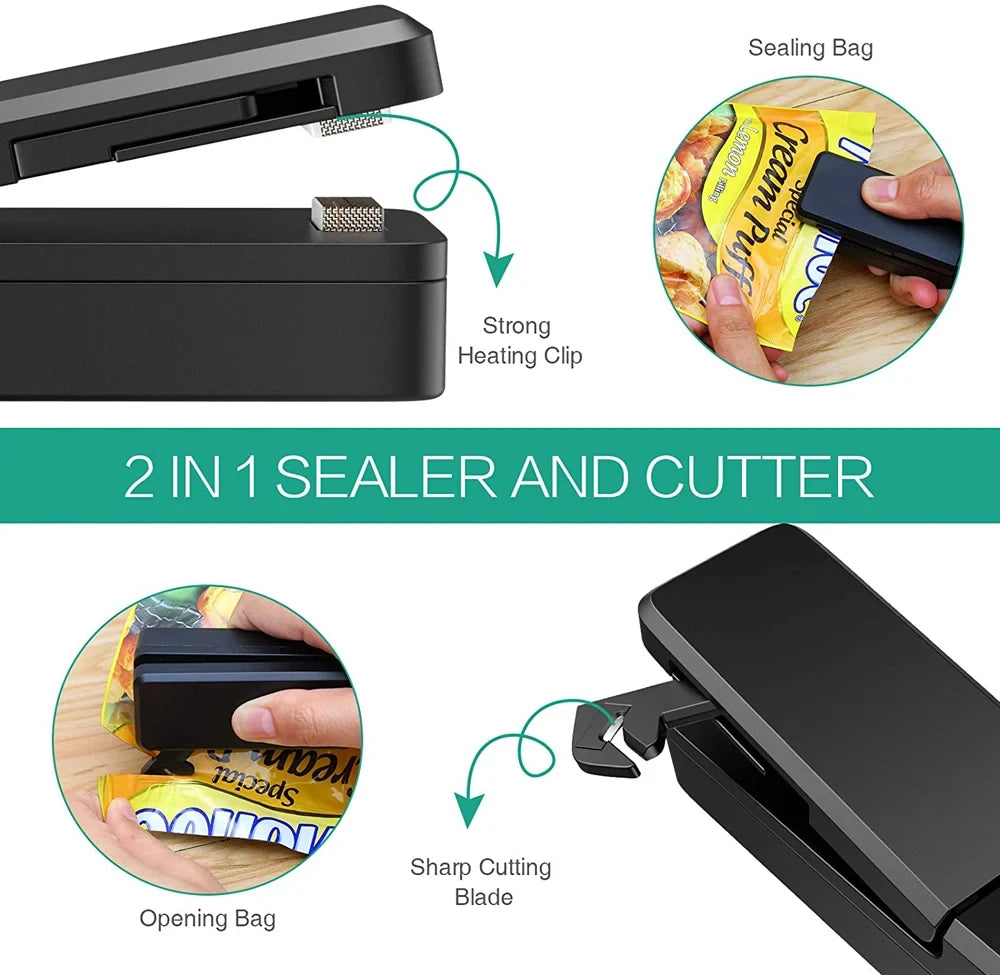 A black portable sealer and cutter device shown with its heating clip, opening bag, and sharp cutting blade components.