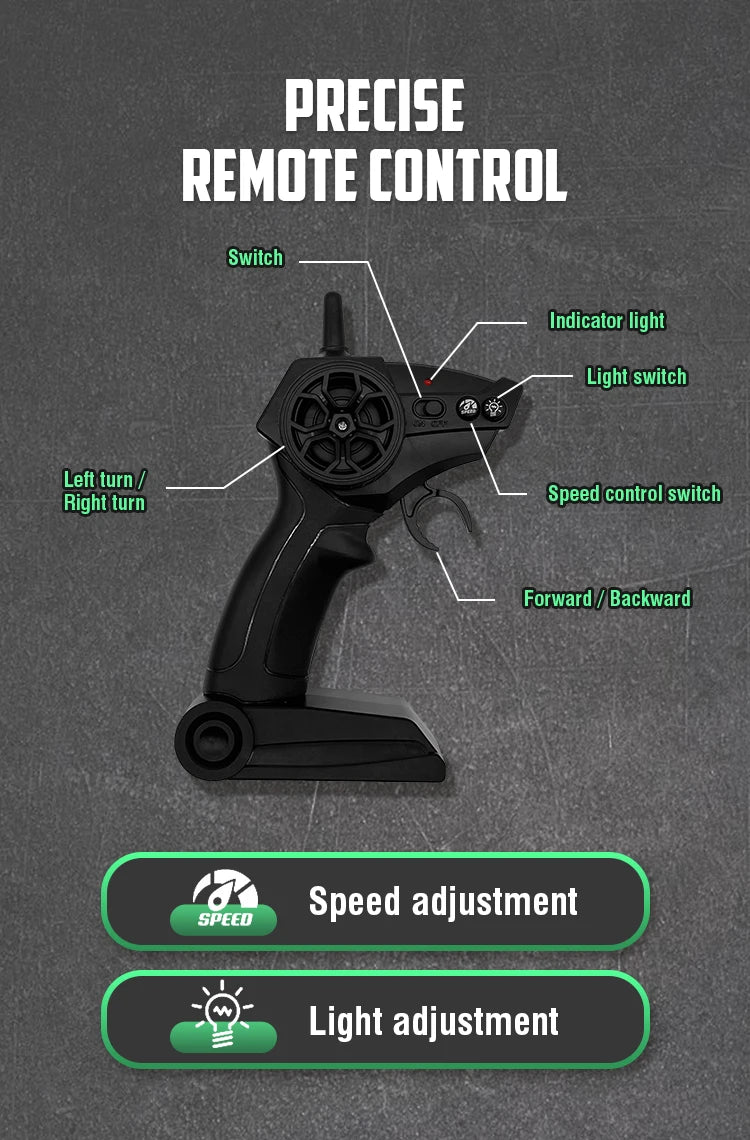 A black remote control for a 4WD RC drift truck showing various switches and indicators.