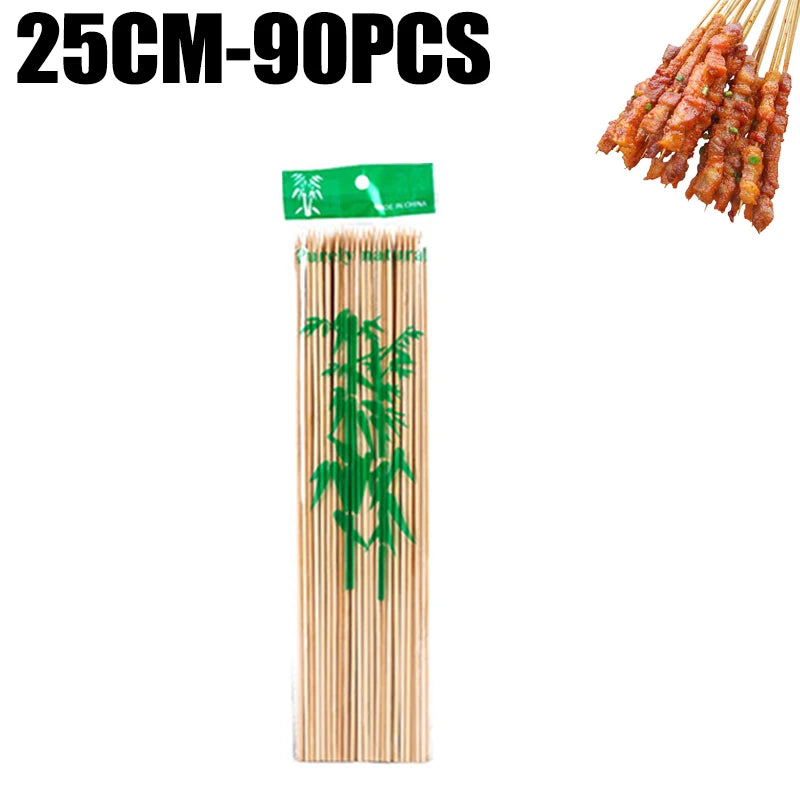 A bundle of natural bamboo skewers, 90 pieces long, used for BBQ and grilling.