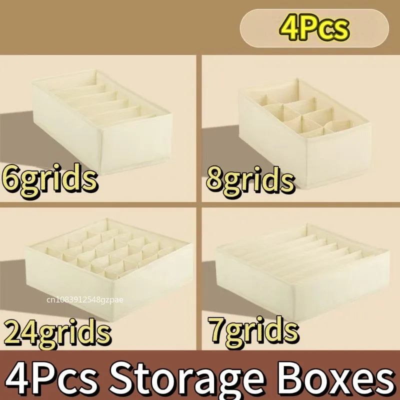 Four storage boxes with different grid configurations including 6, 7, 8, and 24 grids.