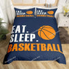 Navy duvet cover featuring the text Eat Sleep Basketball in orange and white on a dark blue background.