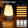 A white LED night light is shown on a wooden surface, highlighting its features like touch dimming and battery life.