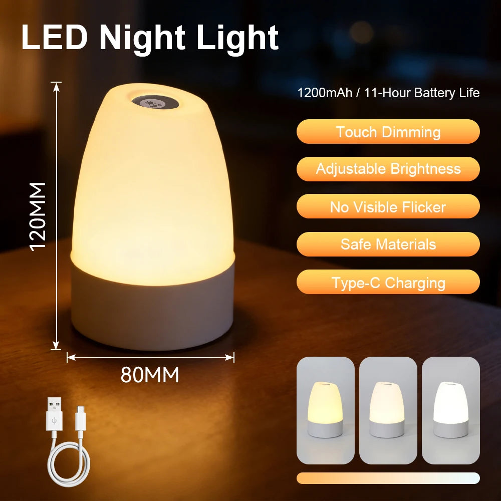 A white LED night light is shown on a wooden surface, highlighting its features like touch dimming and battery life.