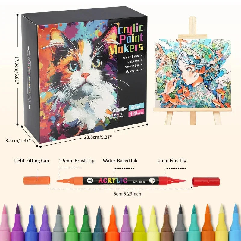 Box of Acrylic Paint Markers featuring a cat design with a tight-fitting cap and dual tips for crafts