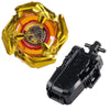 A Beyblade starter set featuring a gold gyroscope and a black launcher with a phoenix wing design.