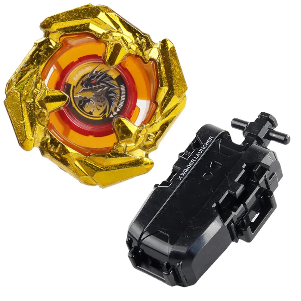 A Beyblade starter set featuring a gold gyroscope and a black launcher with a phoenix wing design.