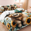A bedding set featuring a large Highland cow print duvet cover and pillowcases with sunflowers and foliage.