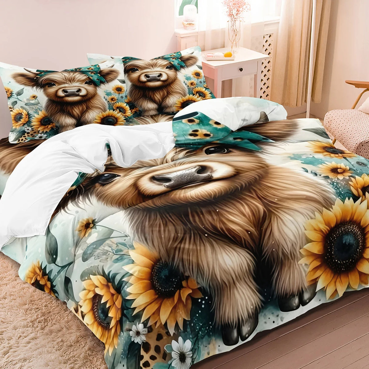 A bedding set featuring a large Highland cow print duvet cover and pillowcases with sunflowers and foliage.