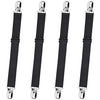 A set of four black adjustable elastic bed sheet corner straps with silver metal ends.