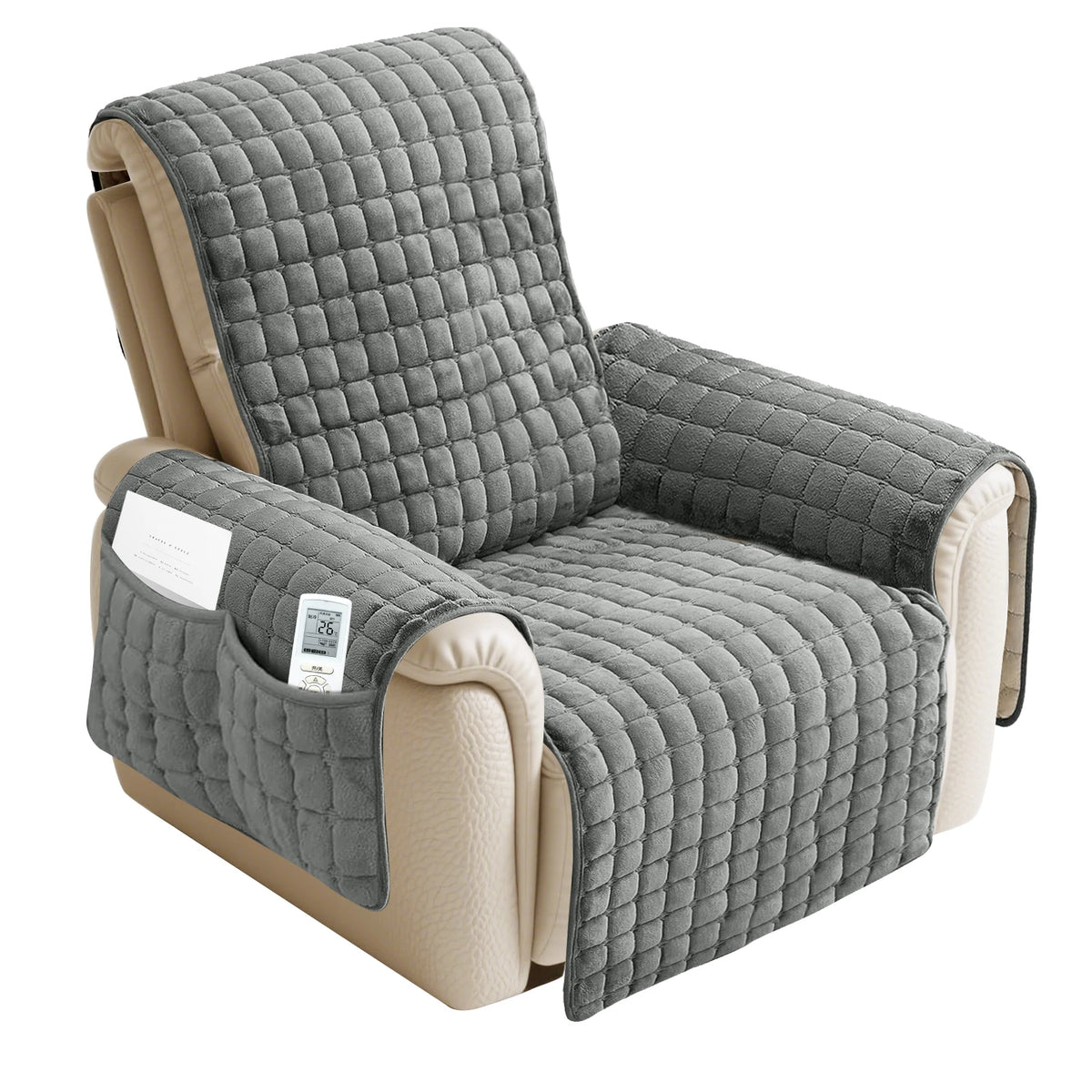 A gray waterproof non-slip recliner sofa cover with side pockets shown in a beige upholstered frame.