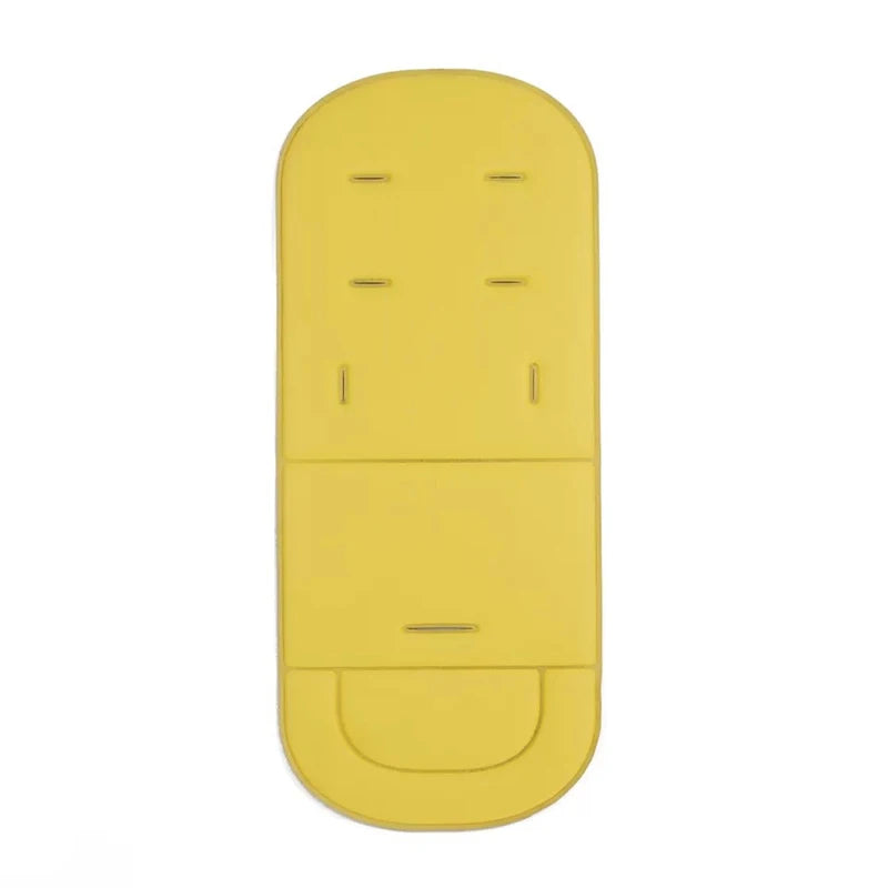 A yellow cartoon baby stroller seat cushion with a rectangular shape and two slots.