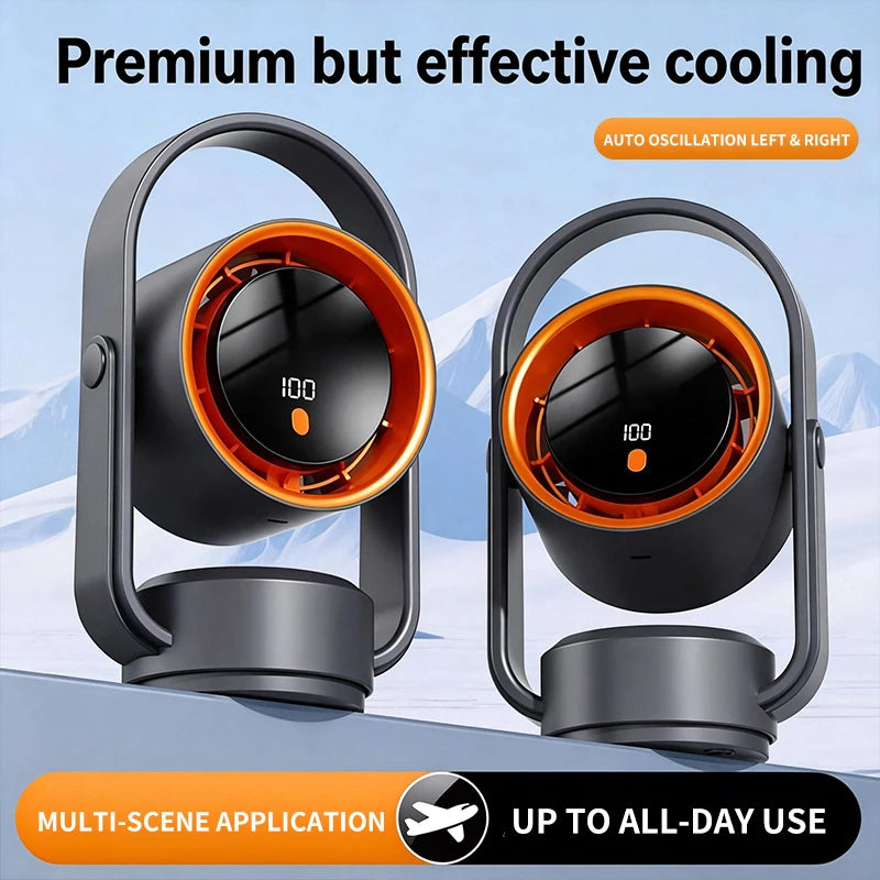 Portable USB Desk Fan with Oscillation and Digital Display