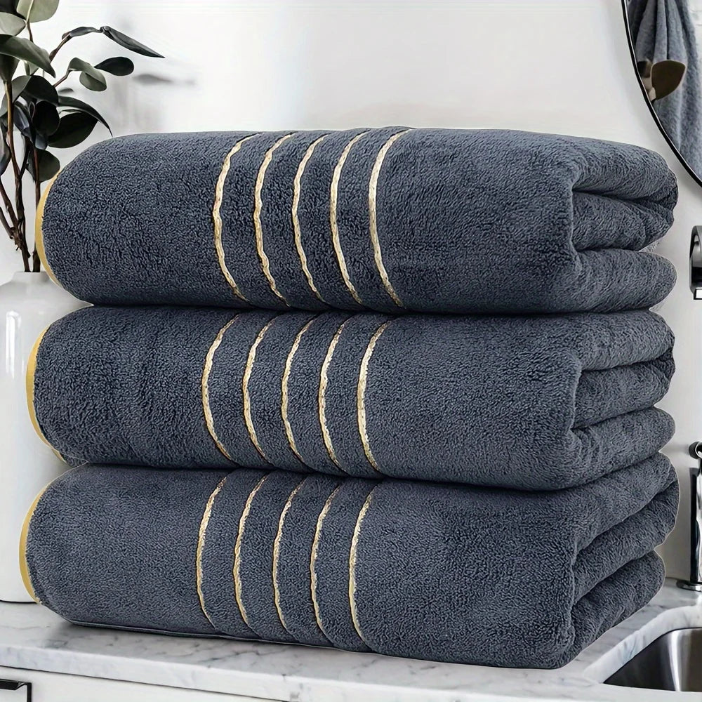 Gold-Stripe Bath Towel Set (3-Pack) – Ultra-Soft & Highly Absorbent