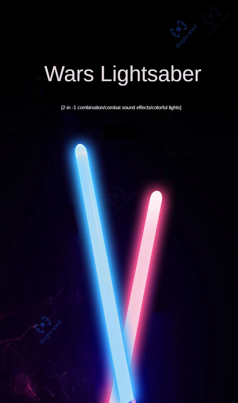 A glowing blue lightsaber and a pink lightsaber are shown against a dark background.