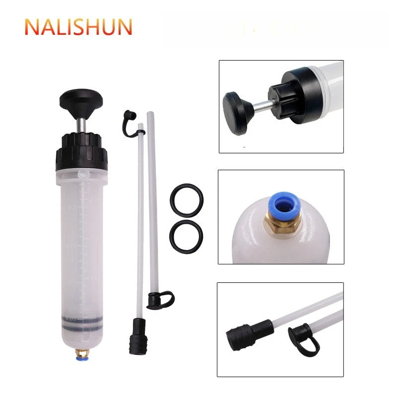 A set of manual fluid transfer syringe pumps including a syringe, pump handle, and tubing for automotive fluid extraction.