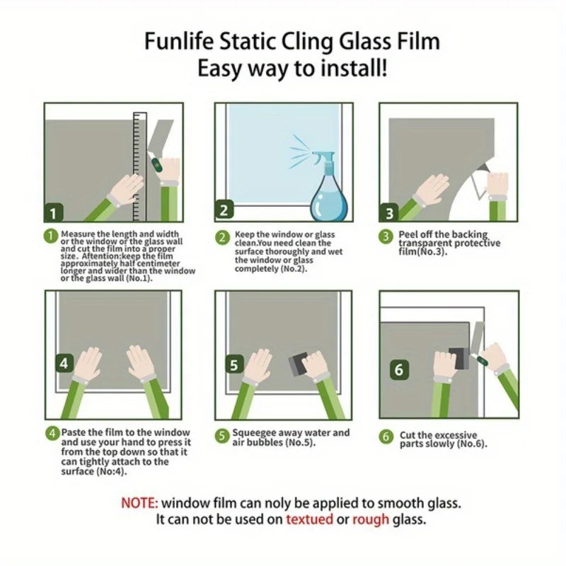 Instructions for installing Funlife Static Cling Glass Film on a window.