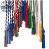 A collection of colorful graduation honor cords with tassels hanging vertically.