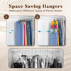 Space saving hangers and clothespins for organizing pants in a closet.