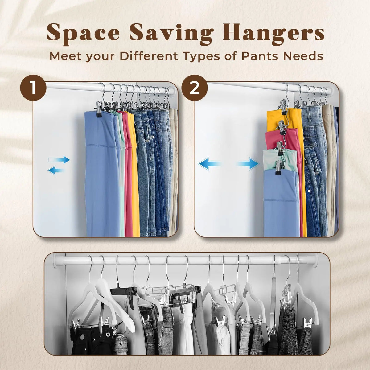 Space saving hangers and clothespins for organizing pants in a closet.