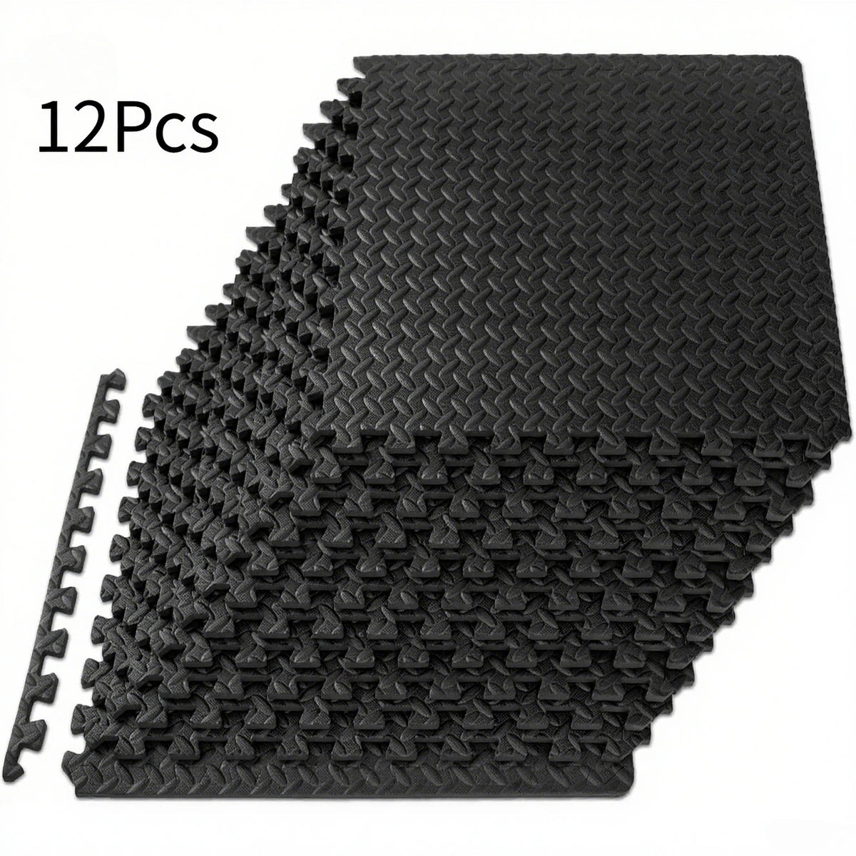 A stack of 12 interlocking black EVA foam exercise mats.