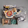 A set of three metal spinning tops, including a box and packaged items, for a battle game.