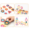 A set of wooden rainbow shape puzzles featuring various colorful geometric and organic shapes for children.