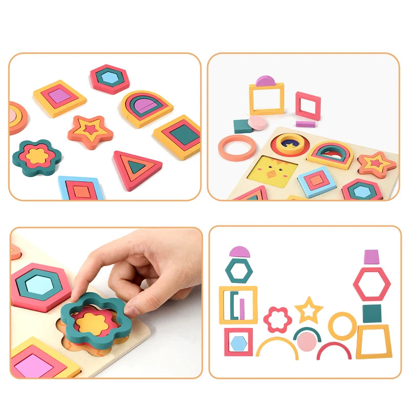 A set of wooden rainbow shape puzzles featuring various colorful geometric and organic shapes for children.