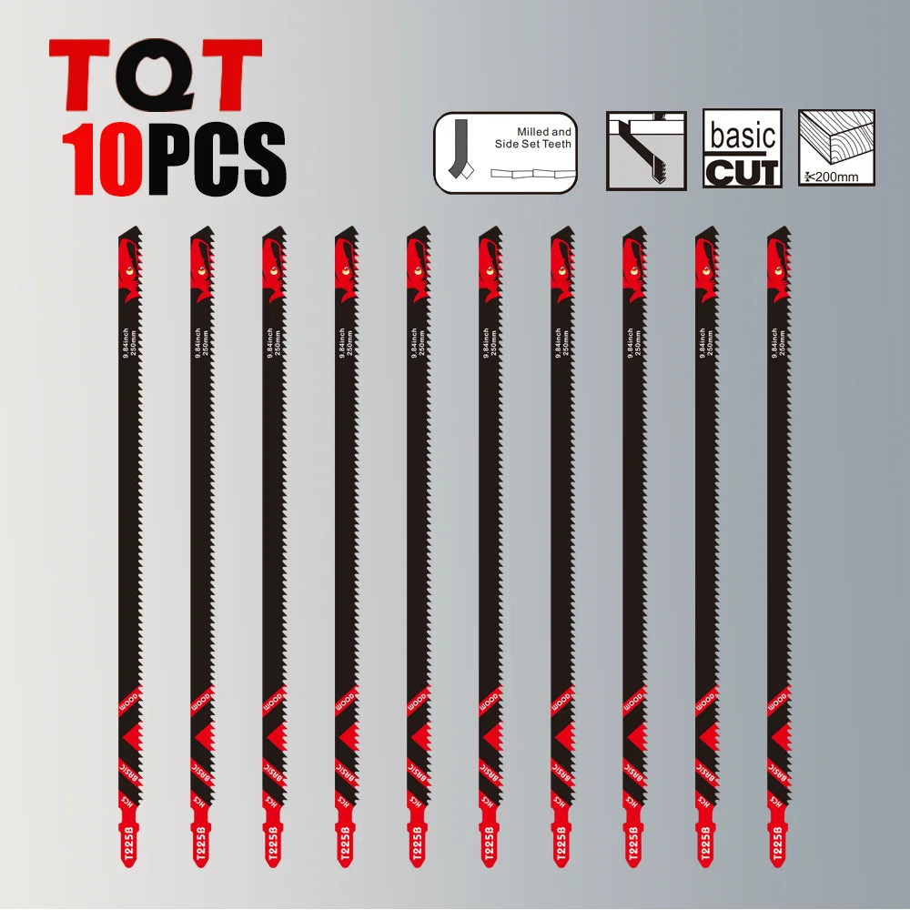 A set of ten professional jigsaw blades for wood, including various sizes and a basic cut guide.