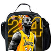 A black backpack featuring a graphic of a basketball player in a yellow Lakers jersey with the number 24.