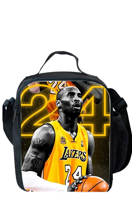 A black backpack featuring a graphic of a basketball player in a yellow Lakers jersey with the number 24.