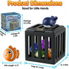 A black plastic fish tank product dimensions are shown next to an orange diving toy.