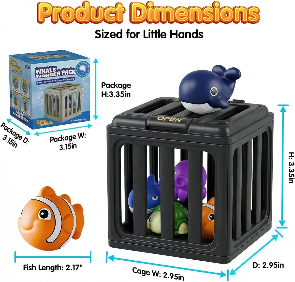 A black plastic fish tank product dimensions are shown next to an orange diving toy.